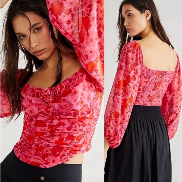 Free People Tops - Oh Lala Rosette Long Sleeve Floral Top Pink Combo Sweetheart milkmaid ruched